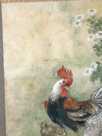 Japanese Hanging Scroll Kakejiku Vtg Chicken Family Chrysanthemum Color KJ93
