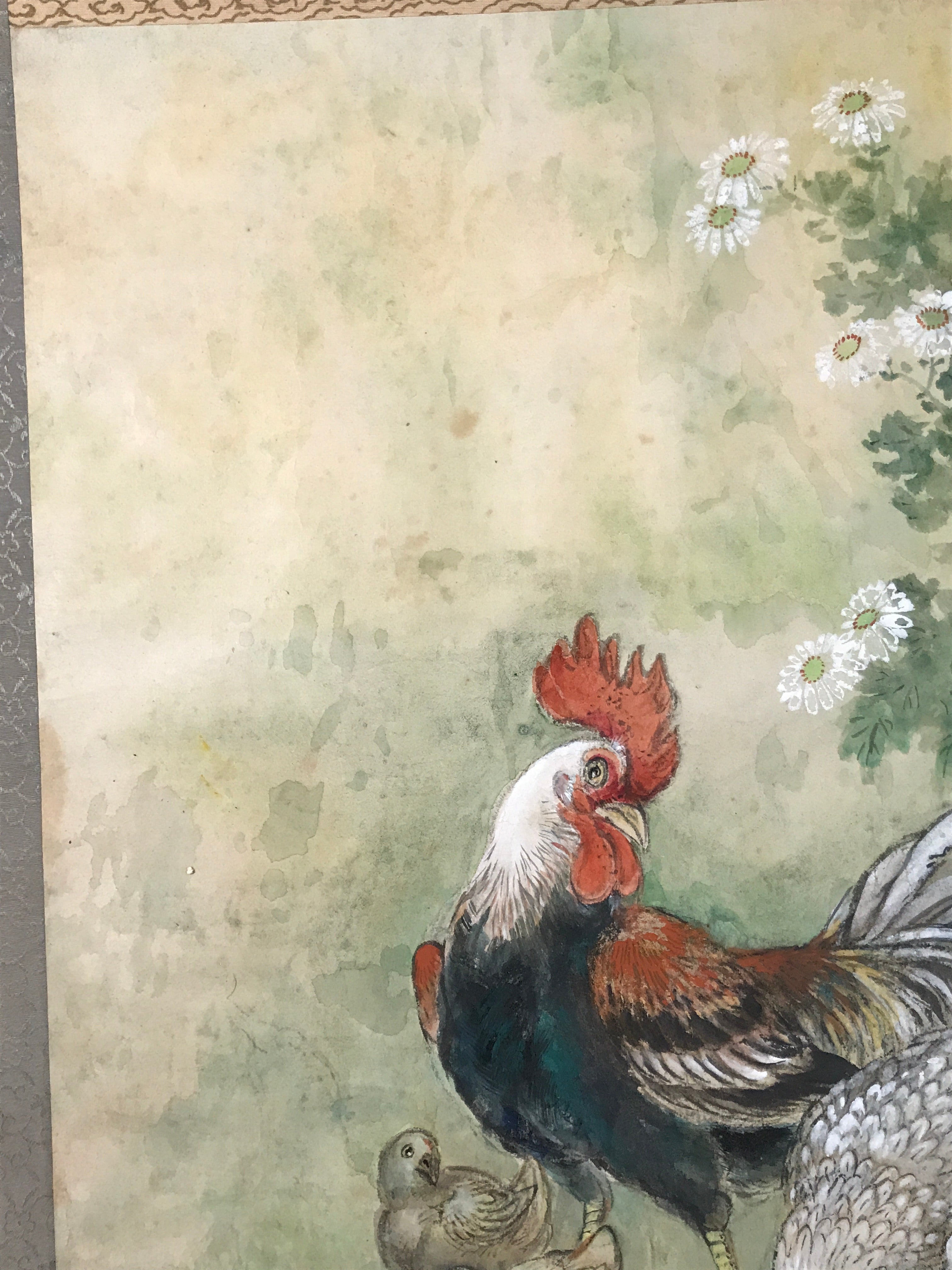 Japanese Hanging Scroll Kakejiku Vtg Chicken Family Chrysanthemum Color KJ93