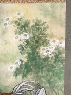 Japanese Hanging Scroll Kakejiku Vtg Chicken Family Chrysanthemum Color KJ93