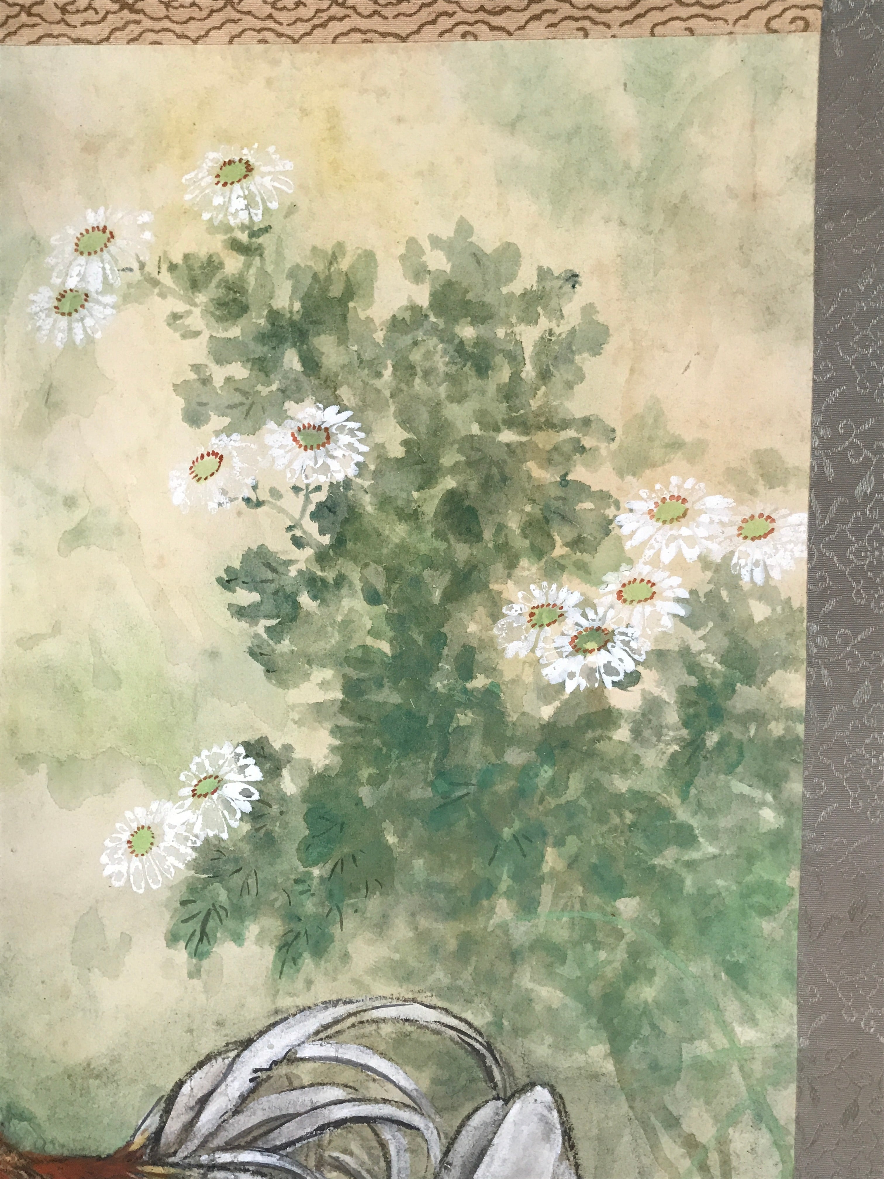 Japanese Hanging Scroll Kakejiku Vtg Chicken Family Chrysanthemum Color KJ93