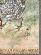 Japanese Hanging Scroll Kakejiku Vtg Chicken Family Chrysanthemum Color KJ93