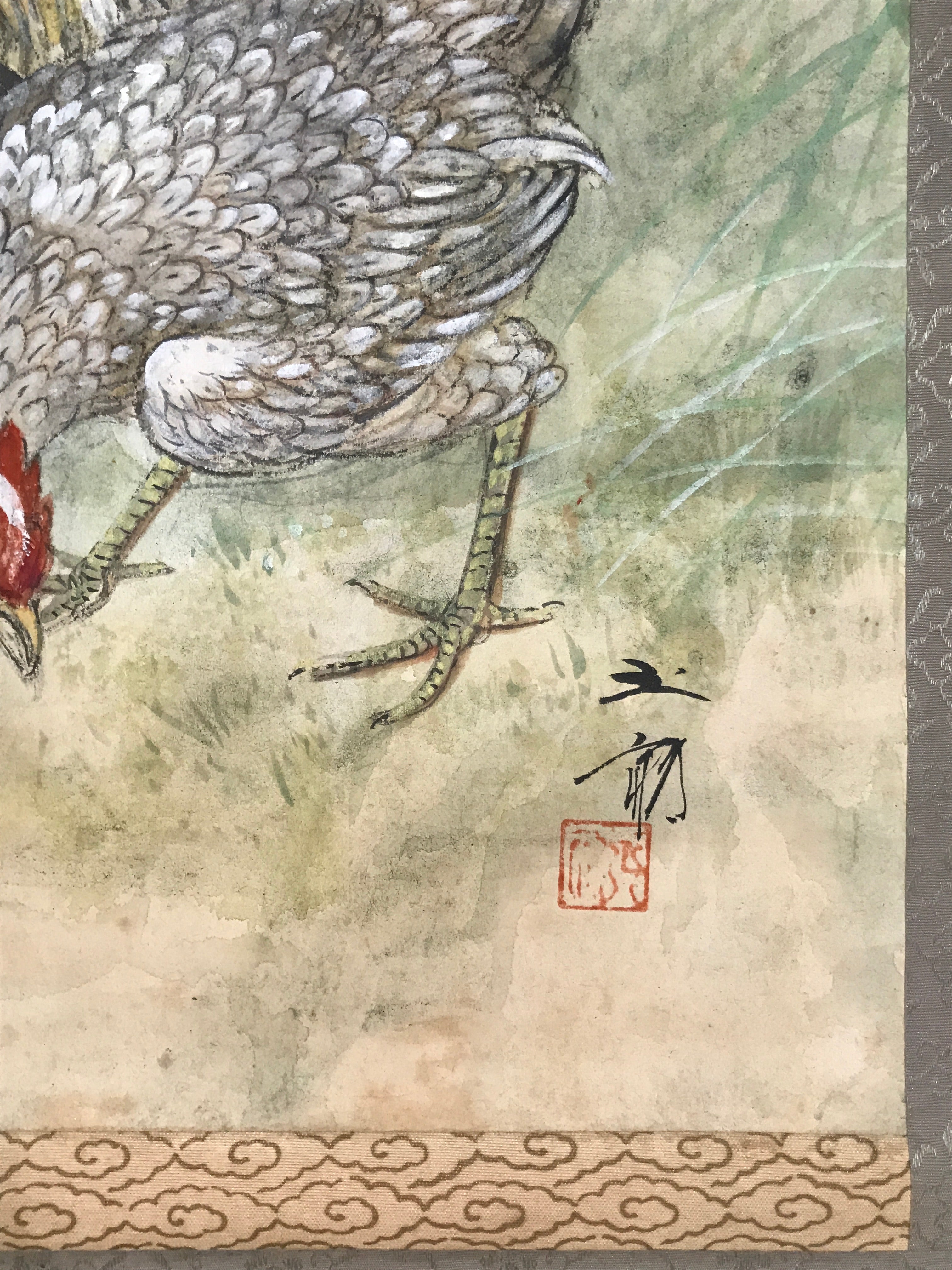 Japanese Hanging Scroll Kakejiku Vtg Chicken Family Chrysanthemum Color KJ93