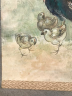 Japanese Hanging Scroll Kakejiku Vtg Chicken Family Chrysanthemum Color KJ93