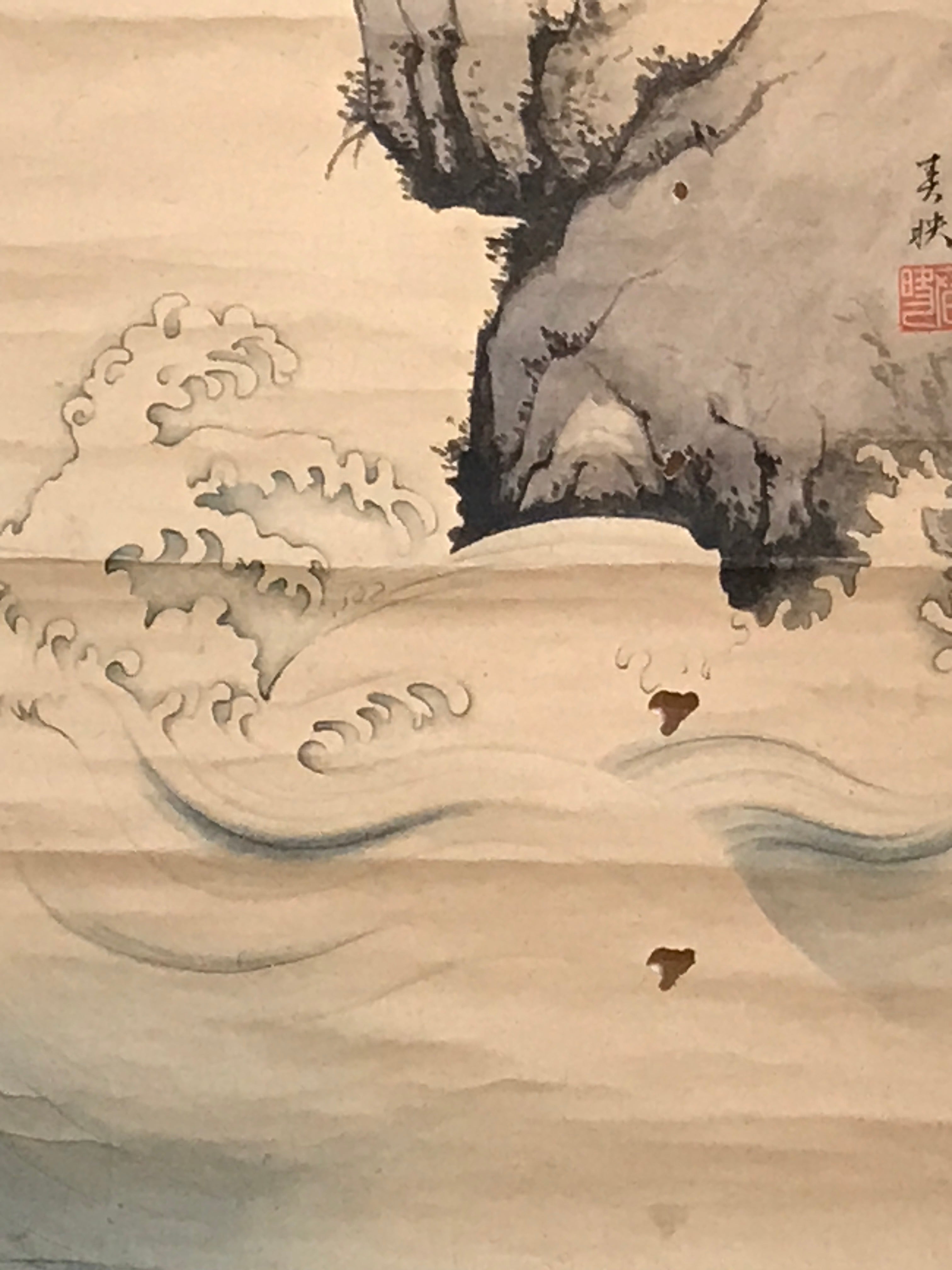 Japanese Hanging Scroll Kakejiku Vtg Crane Tsuru Standing Rock Birds Color KJ113