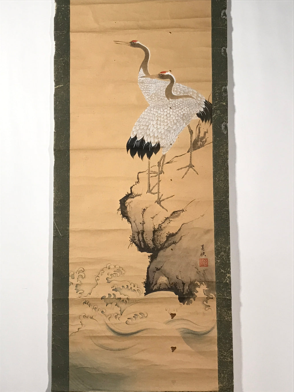 Japanese Hanging Scroll Kakejiku Vtg Crane Tsuru Standing Rock Birds Color KJ113