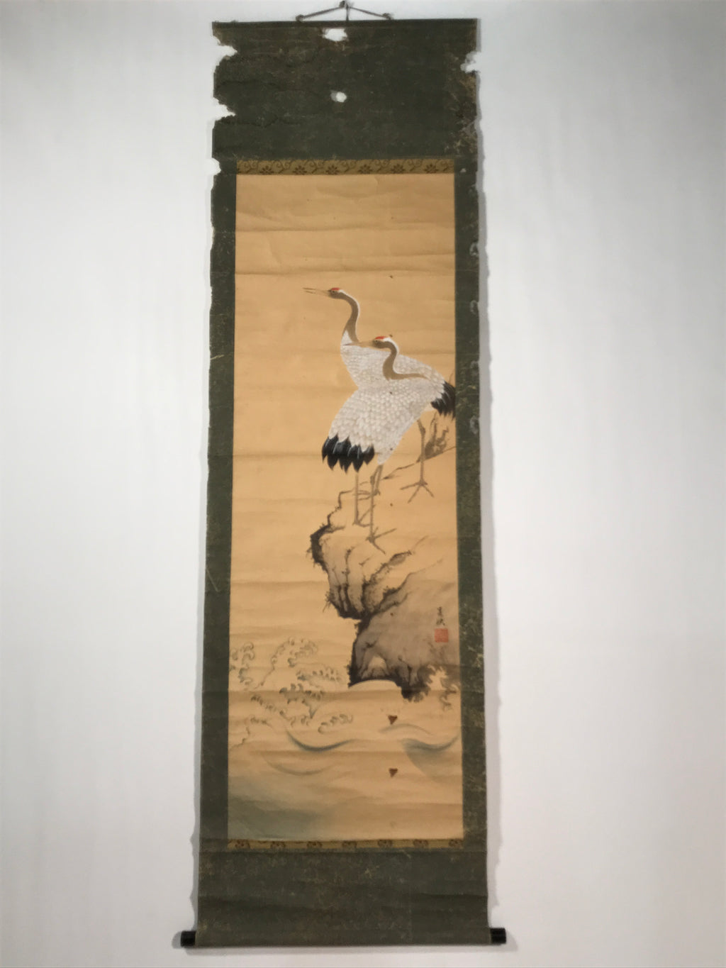 Japanese Hanging Scroll Kakejiku Vtg Crane Tsuru Standing Rock Birds Color KJ113