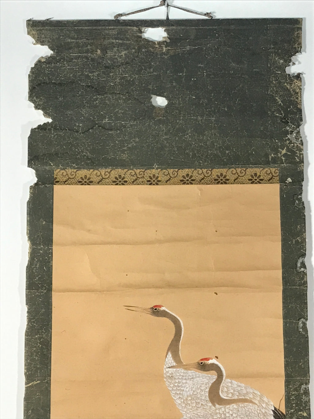 Japanese Hanging Scroll Kakejiku Vtg Crane Tsuru Standing Rock Birds Color KJ113
