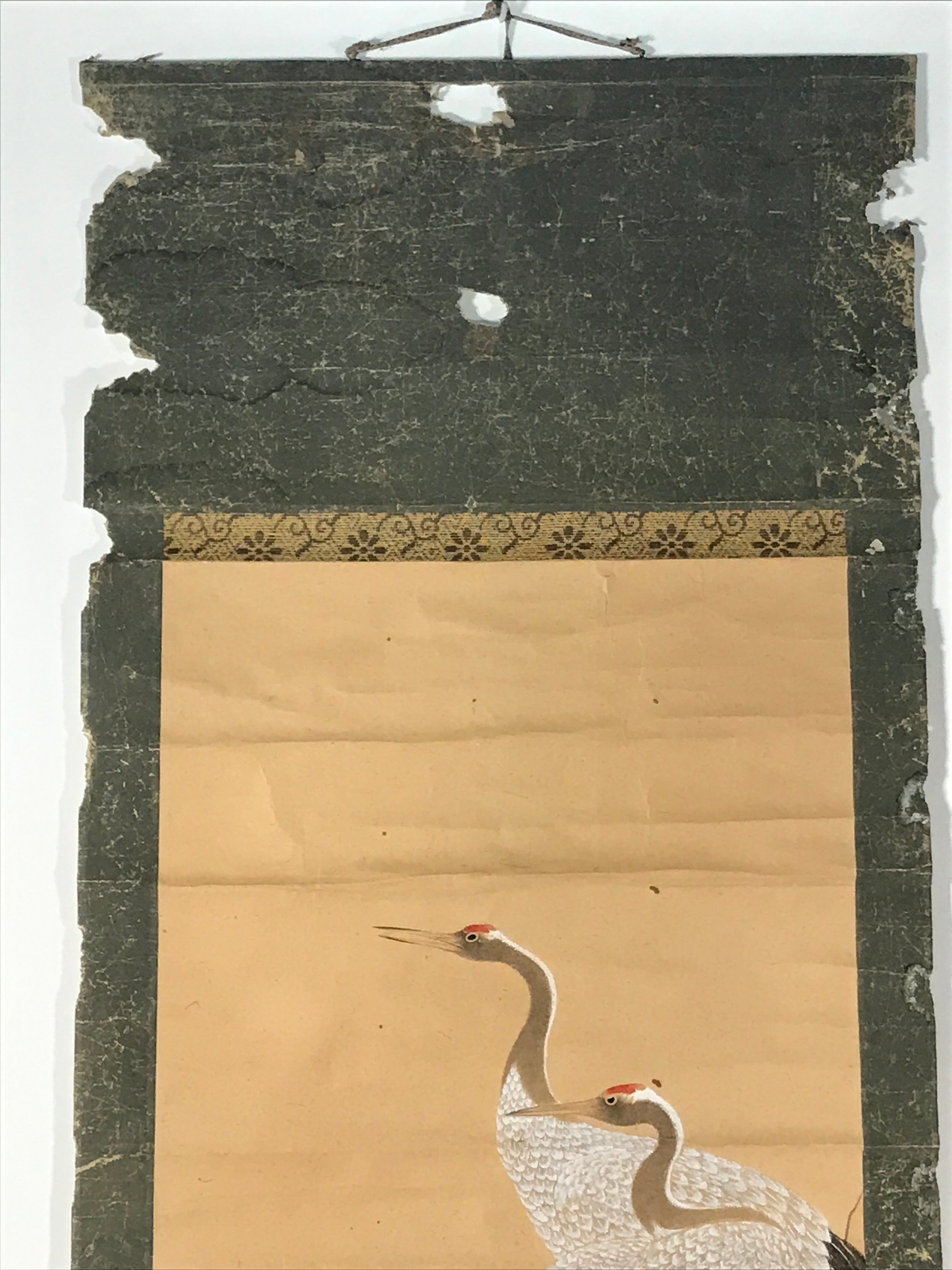 Japanese Hanging Scroll Kakejiku Vtg Crane Tsuru Standing Rock Birds Color KJ113