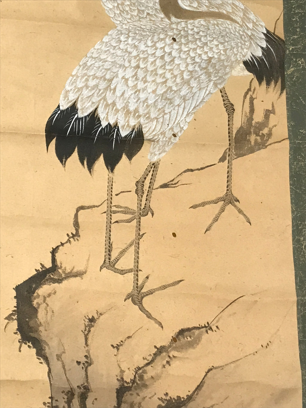 Japanese Hanging Scroll Kakejiku Vtg Crane Tsuru Standing Rock Birds Color KJ113
