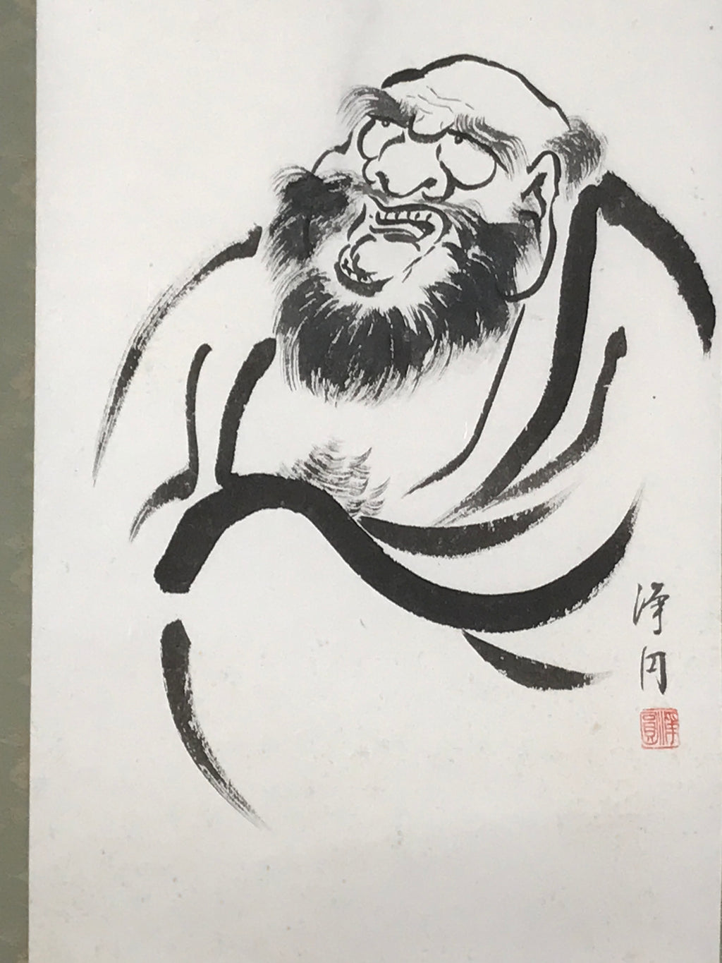Japanese Hanging Scroll Kakejiku Vtg Daruma Buddhist Monk Portrait Black KJ83