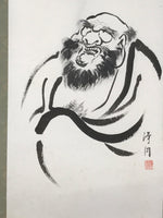 Japanese Hanging Scroll Kakejiku Vtg Daruma Buddhist Monk Portrait Black KJ83