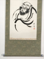 Japanese Hanging Scroll Kakejiku Vtg Daruma Buddhist Monk Portrait Black KJ83