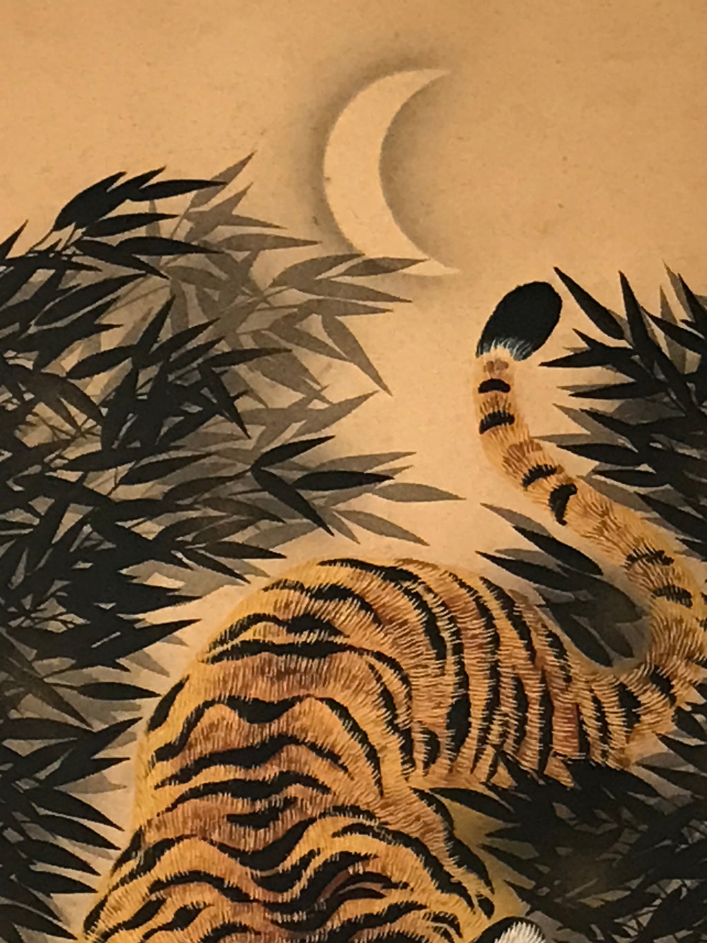 Japanese Hanging Scroll Kakejiku Vtg Fierce Tiger Bamboo Moon Ink Color KJ103
