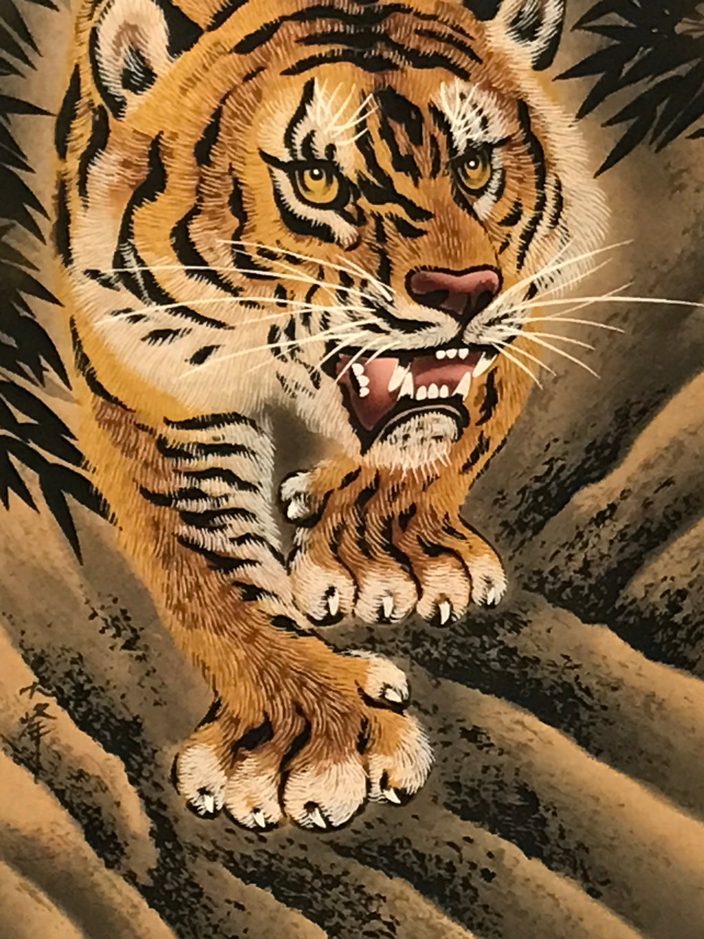 Japanese Hanging Scroll Kakejiku Vtg Fierce Tiger Bamboo Moon Ink Color KJ103
