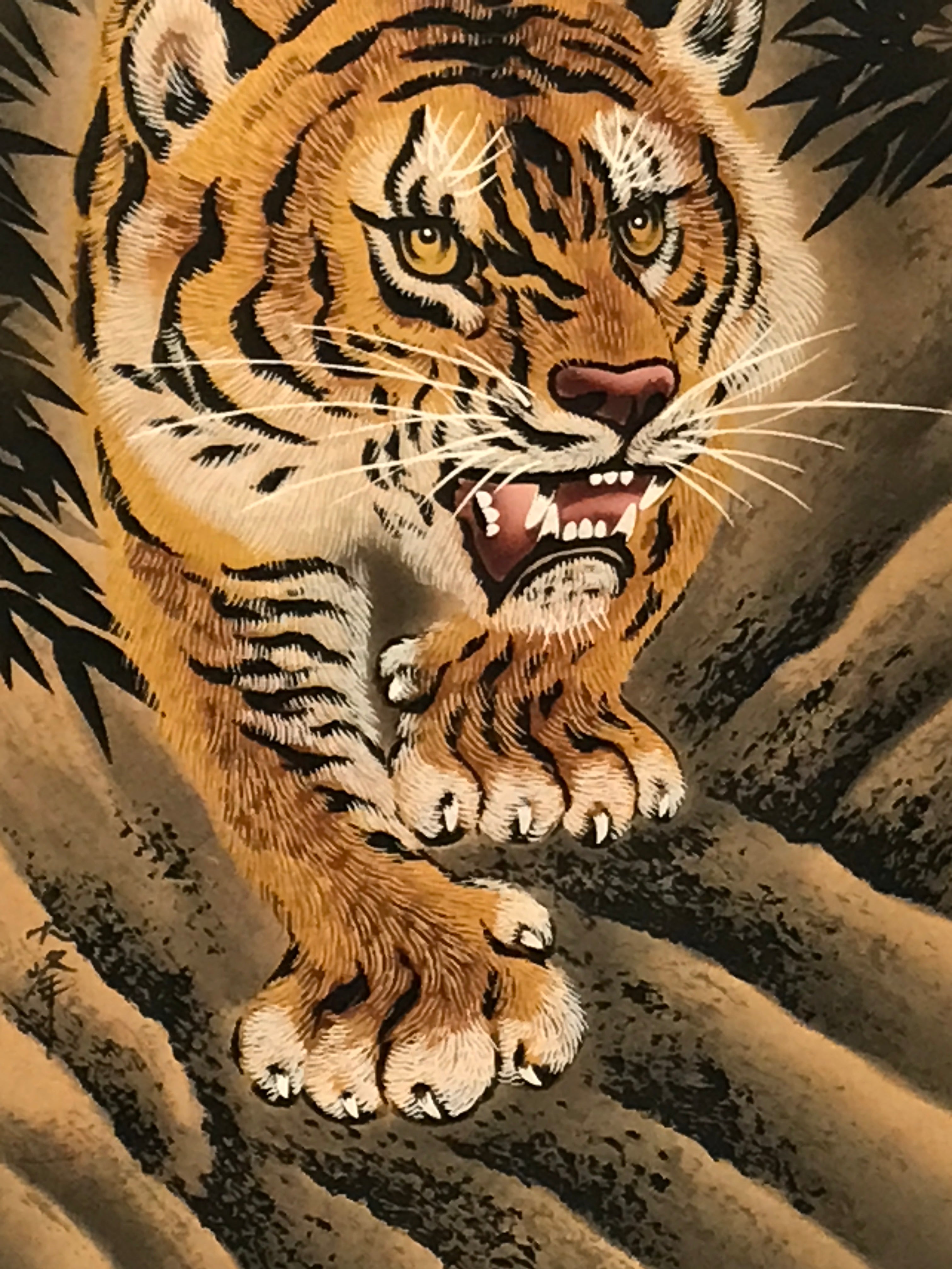 Japanese Hanging Scroll Kakejiku Vtg Fierce Tiger Bamboo Moon Ink Color KJ103