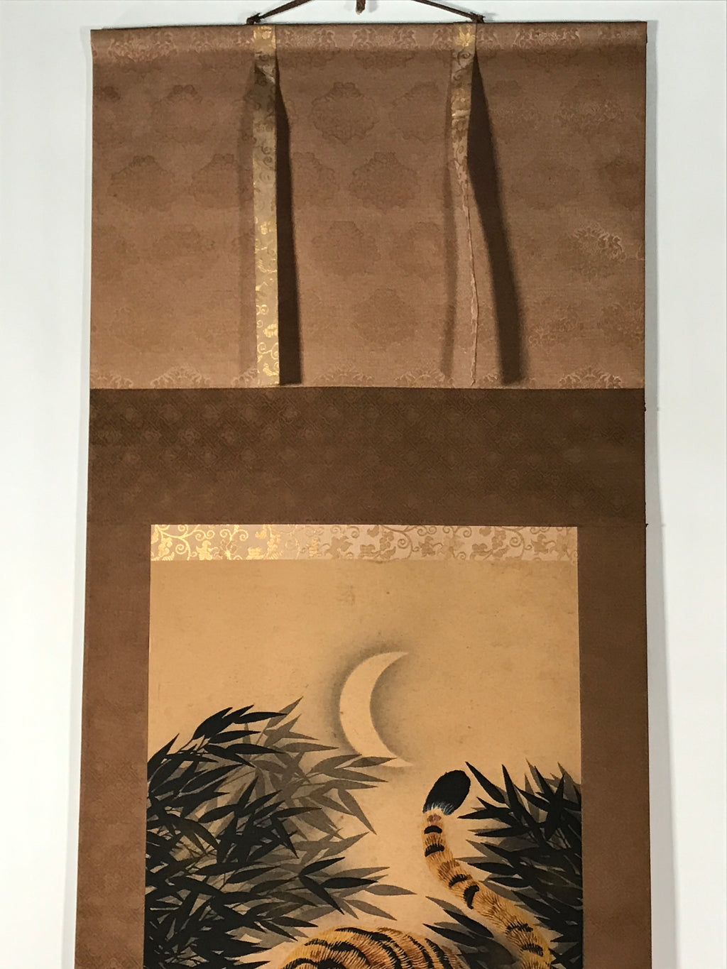 Japanese Hanging Scroll Kakejiku Vtg Fierce Tiger Bamboo Moon Ink Color KJ103