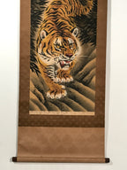 Japanese Hanging Scroll Kakejiku Vtg Fierce Tiger Bamboo Moon Ink Color KJ103