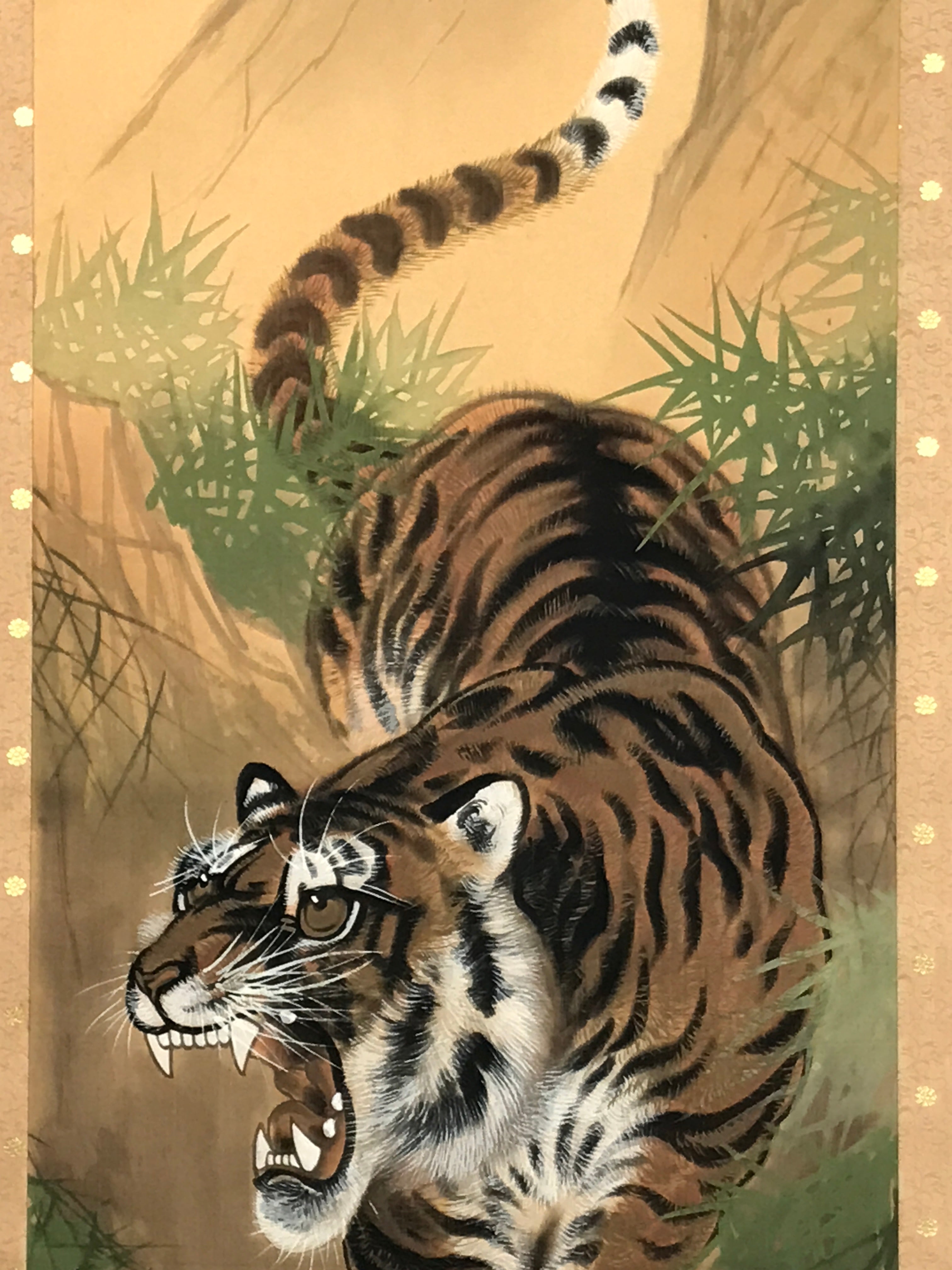 Japanese Hanging Scroll Kakejiku Vtg Fierce Tiger Orange Black Mountain Ink KJ90