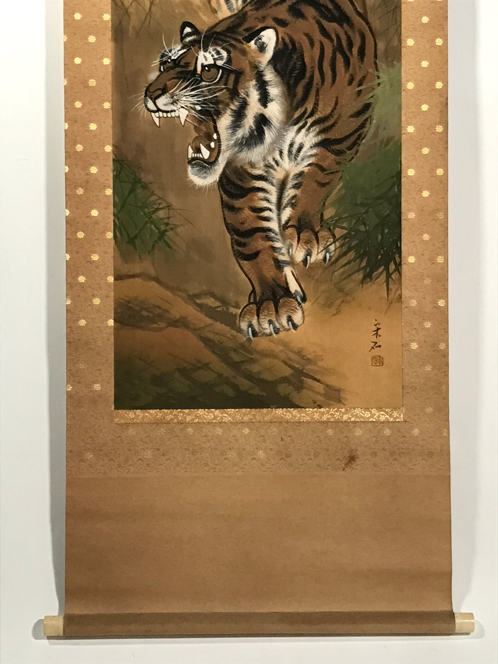 Japanese Hanging Scroll Kakejiku Vtg Fierce Tiger Orange Black Mountain Ink KJ90