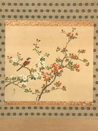 Japanese Hanging Scroll Kakejiku Vtg Hawthorn Flowers Sparrow Bird Color KJ79