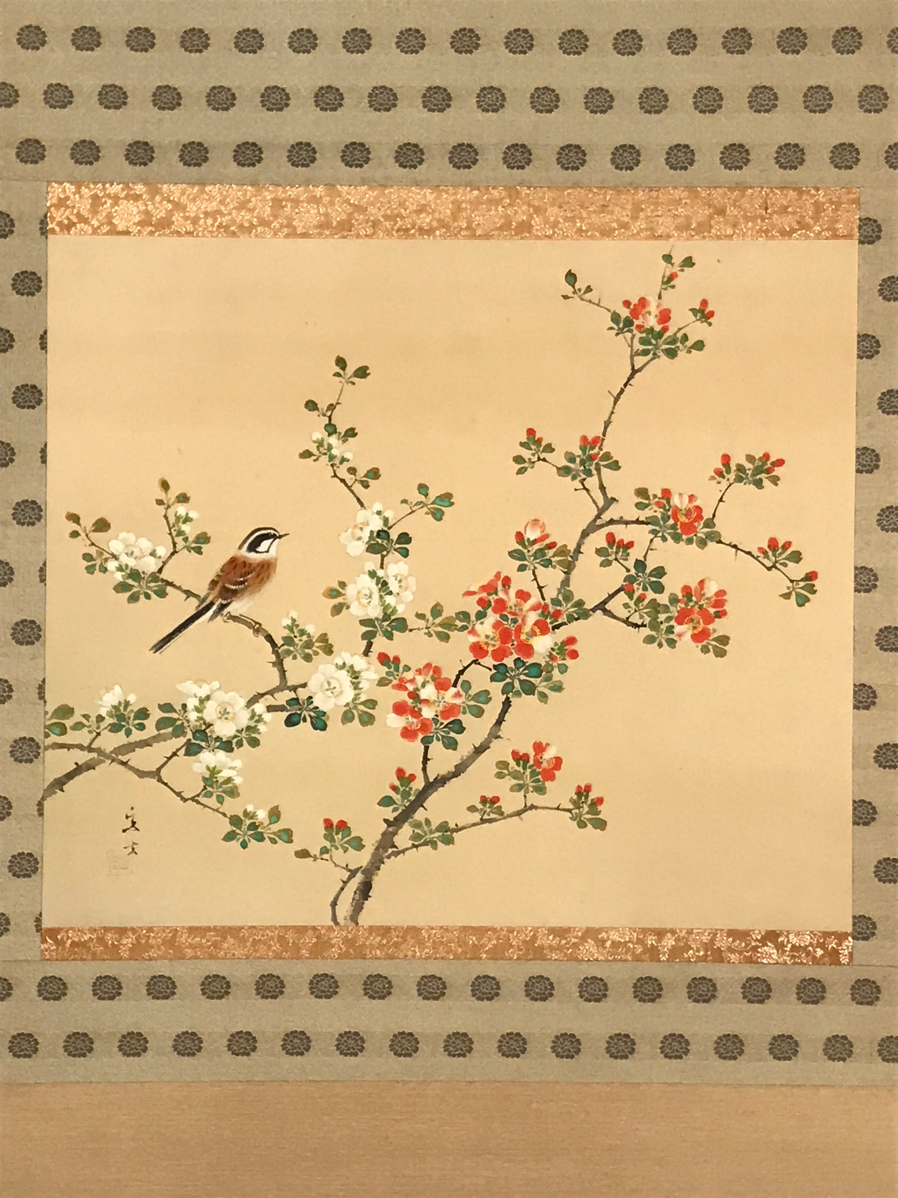 Japanese Hanging Scroll Kakejiku Vtg Hawthorn Flowers Sparrow Bird Color KJ79