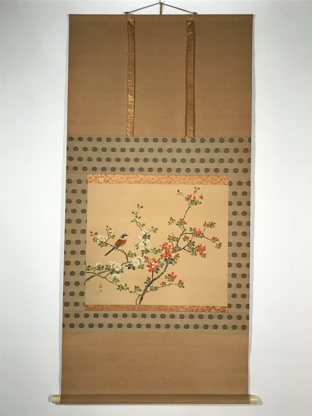 Japanese Hanging Scroll Kakejiku Vtg Hawthorn Flowers Sparrow Bird Color KJ79