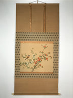 Japanese Hanging Scroll Kakejiku Vtg Hawthorn Flowers Sparrow Bird Color KJ79