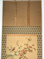Japanese Hanging Scroll Kakejiku Vtg Hawthorn Flowers Sparrow Bird Color KJ79