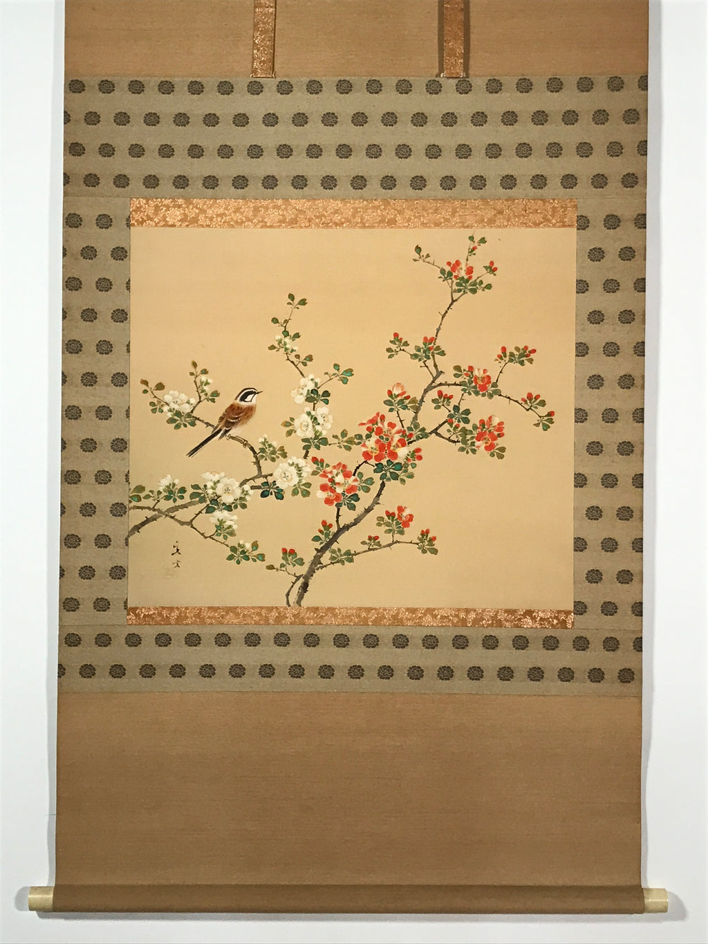 Japanese Hanging Scroll Kakejiku Vtg Hawthorn Flowers Sparrow Bird Color KJ79
