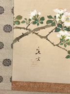 Japanese Hanging Scroll Kakejiku Vtg Hawthorn Flowers Sparrow Bird Color KJ79