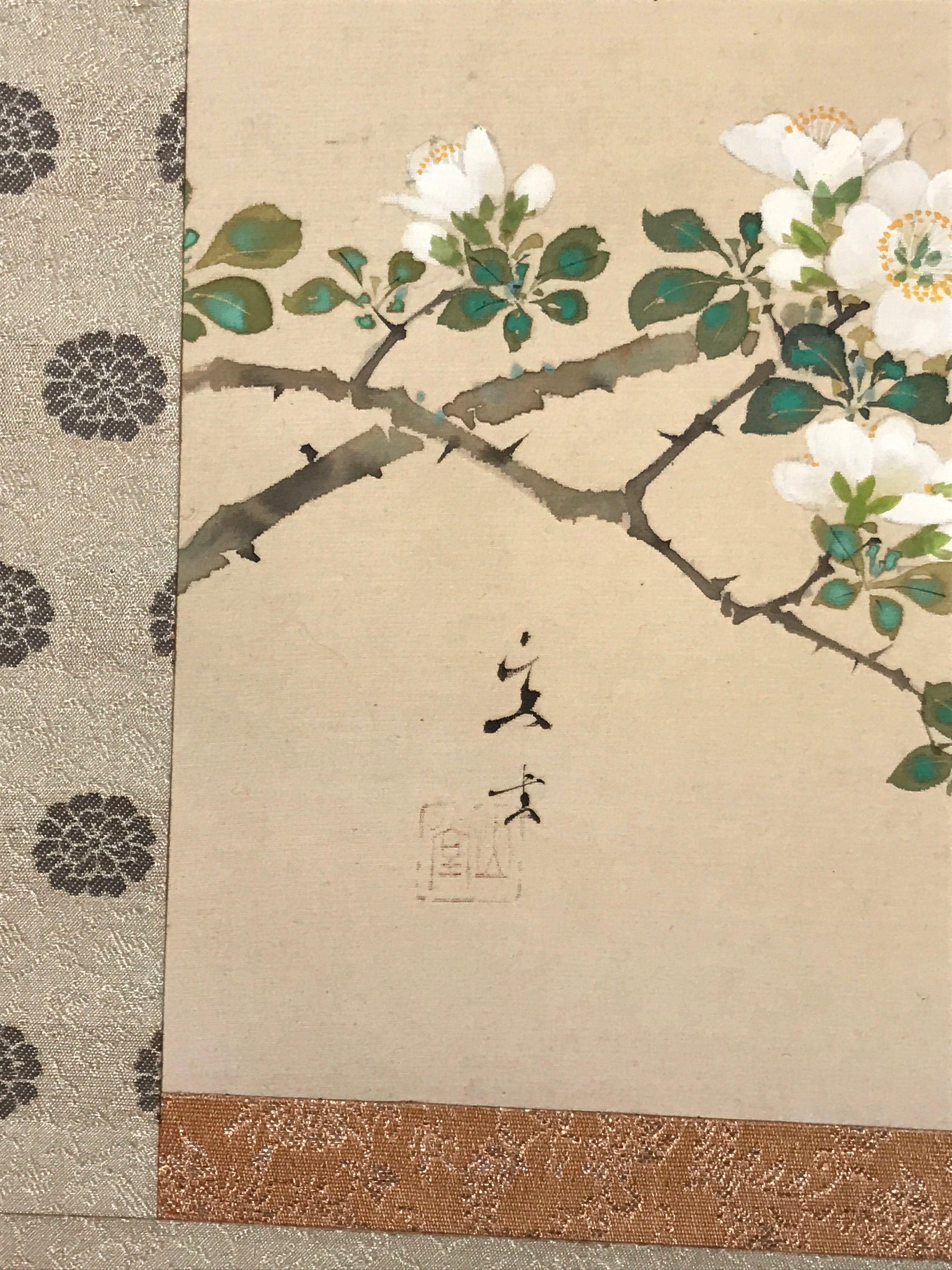 Japanese Hanging Scroll Kakejiku Vtg Hawthorn Flowers Sparrow Bird Color KJ79