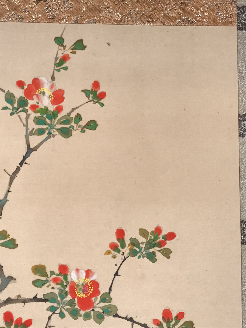 Japanese Hanging Scroll Kakejiku Vtg Hawthorn Flowers Sparrow Bird Color KJ79