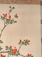 Japanese Hanging Scroll Kakejiku Vtg Hawthorn Flowers Sparrow Bird Color KJ79