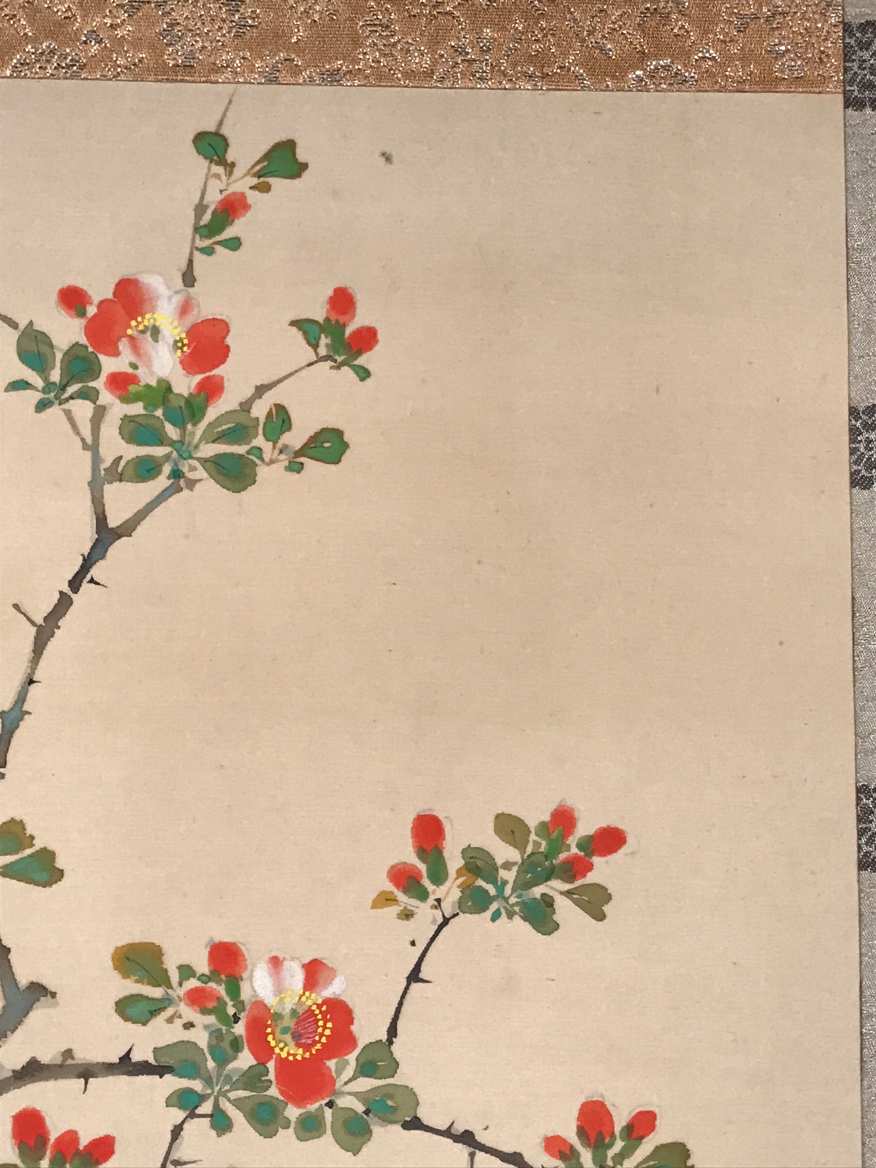 Japanese Hanging Scroll Kakejiku Vtg Hawthorn Flowers Sparrow Bird Color KJ79