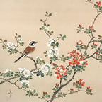 Japanese Hanging Scroll Kakejiku Vtg Hawthorn Flowers Sparrow Bird Color KJ79