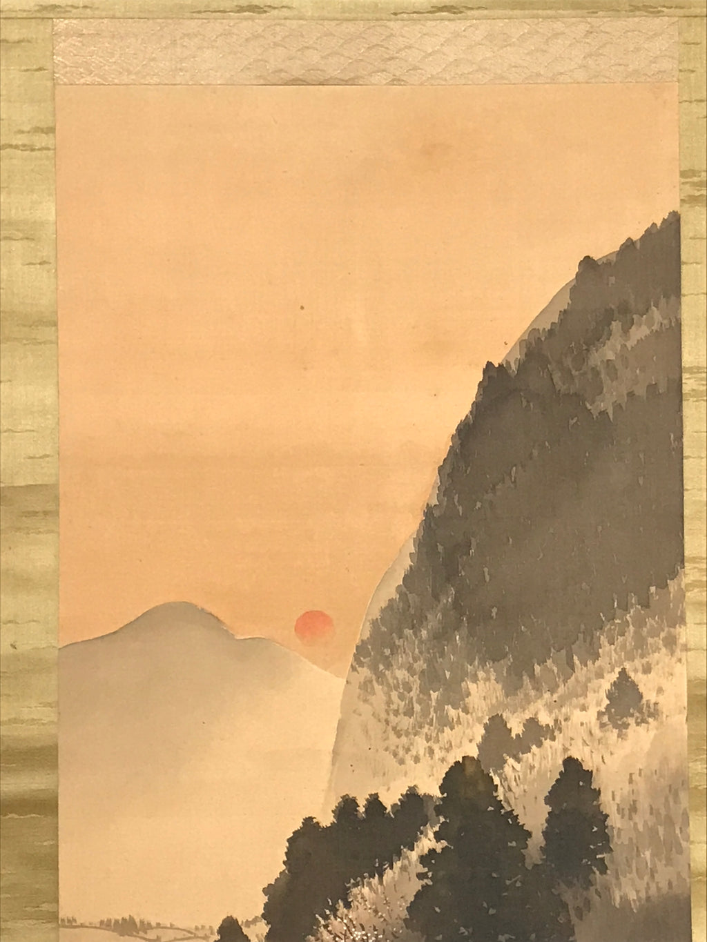 Japanese Hanging Scroll Kakejiku Vtg Landscape Mountain Rising Sun Color KJ171