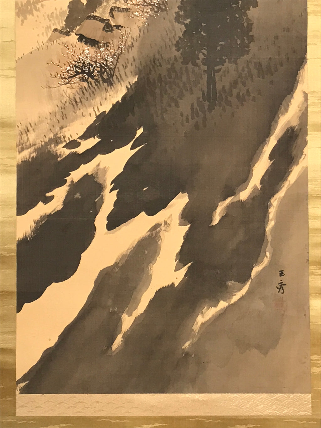 Japanese Hanging Scroll Kakejiku Vtg Landscape Mountain Rising Sun Color KJ171