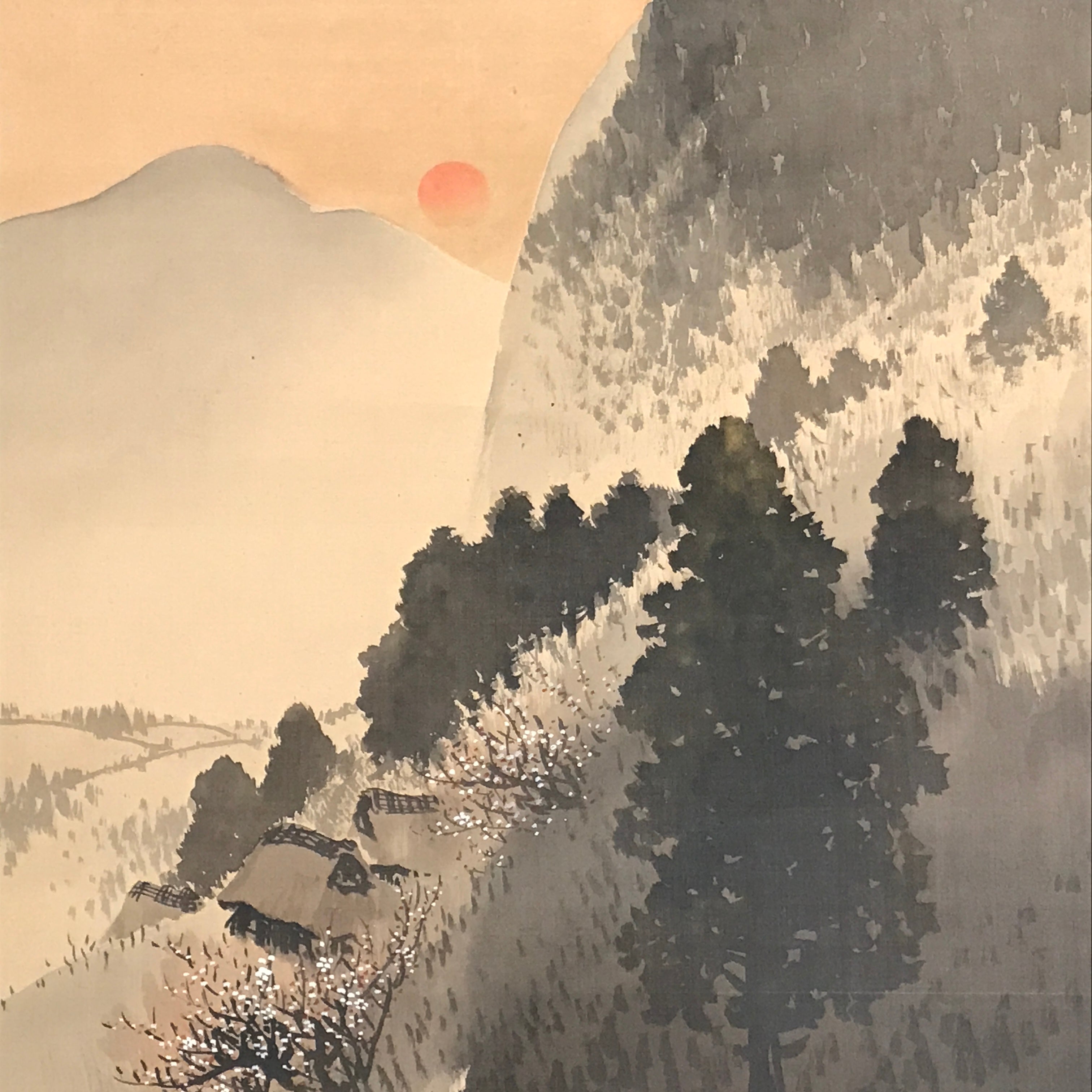 Japanese Hanging Scroll Kakejiku Vtg Landscape Mountain Rising Sun