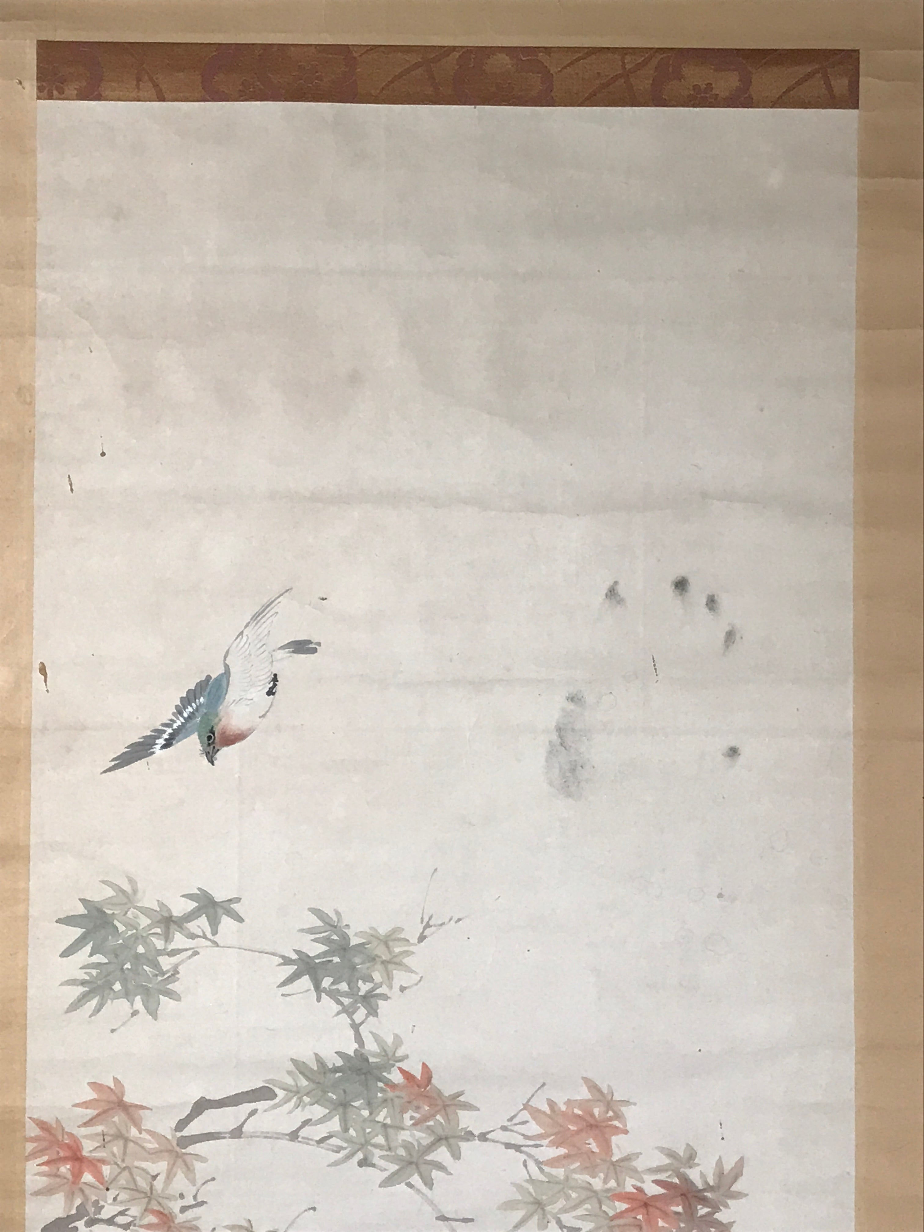 Japanese Hanging Scroll Kakejiku Vtg Momiji Maple Leave Bird Autumn Color KJ132