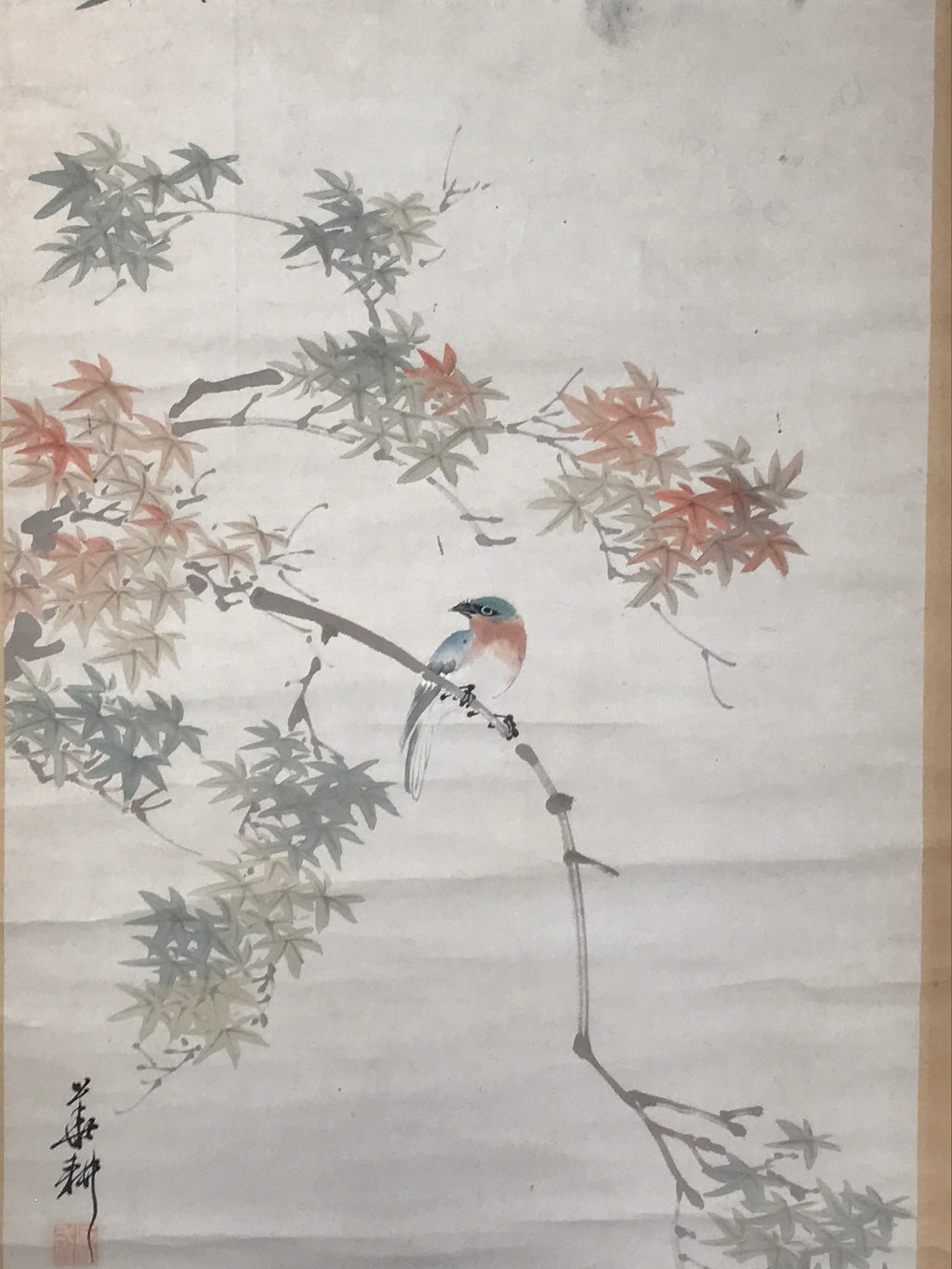 Japanese Hanging Scroll Kakejiku Vtg Momiji Maple Leave Bird Autumn Color KJ132