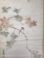 Japanese Hanging Scroll Kakejiku Vtg Momiji Maple Leave Bird Autumn Color KJ132