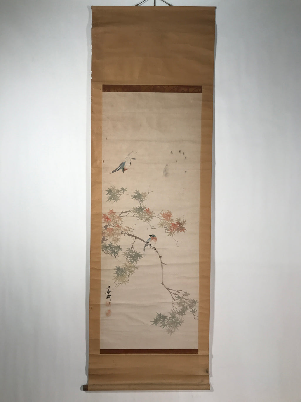 Japanese Hanging Scroll Kakejiku Vtg Momiji Maple Leave Bird Autumn Color KJ132
