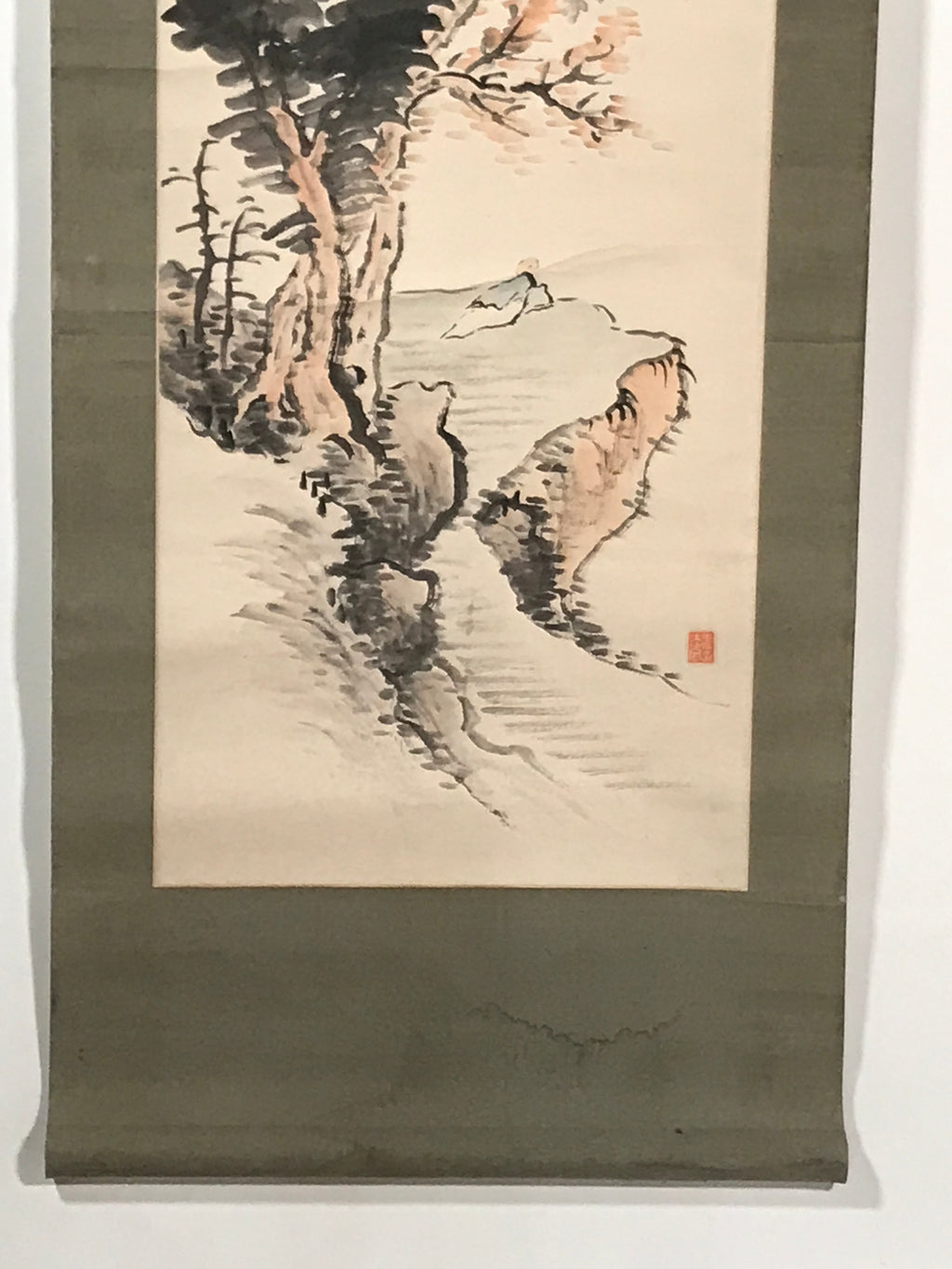 Japanese Hanging Scroll Kakejiku Vtg Mountain Momiji Landscape Color Red KJ84