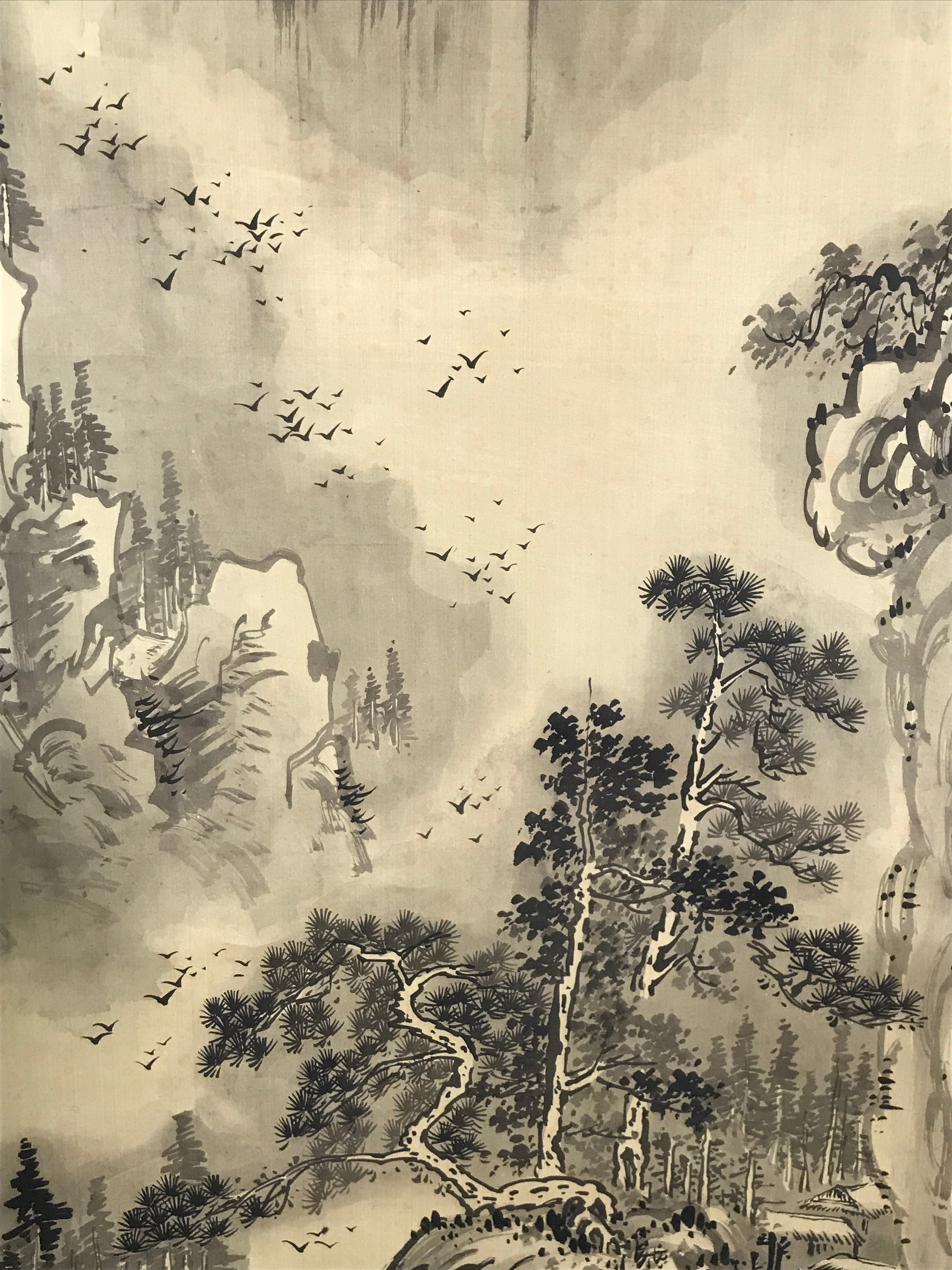 Japanese Hanging Scroll Kakejiku Vtg Mountain River Birds Black Monochrome KJ168