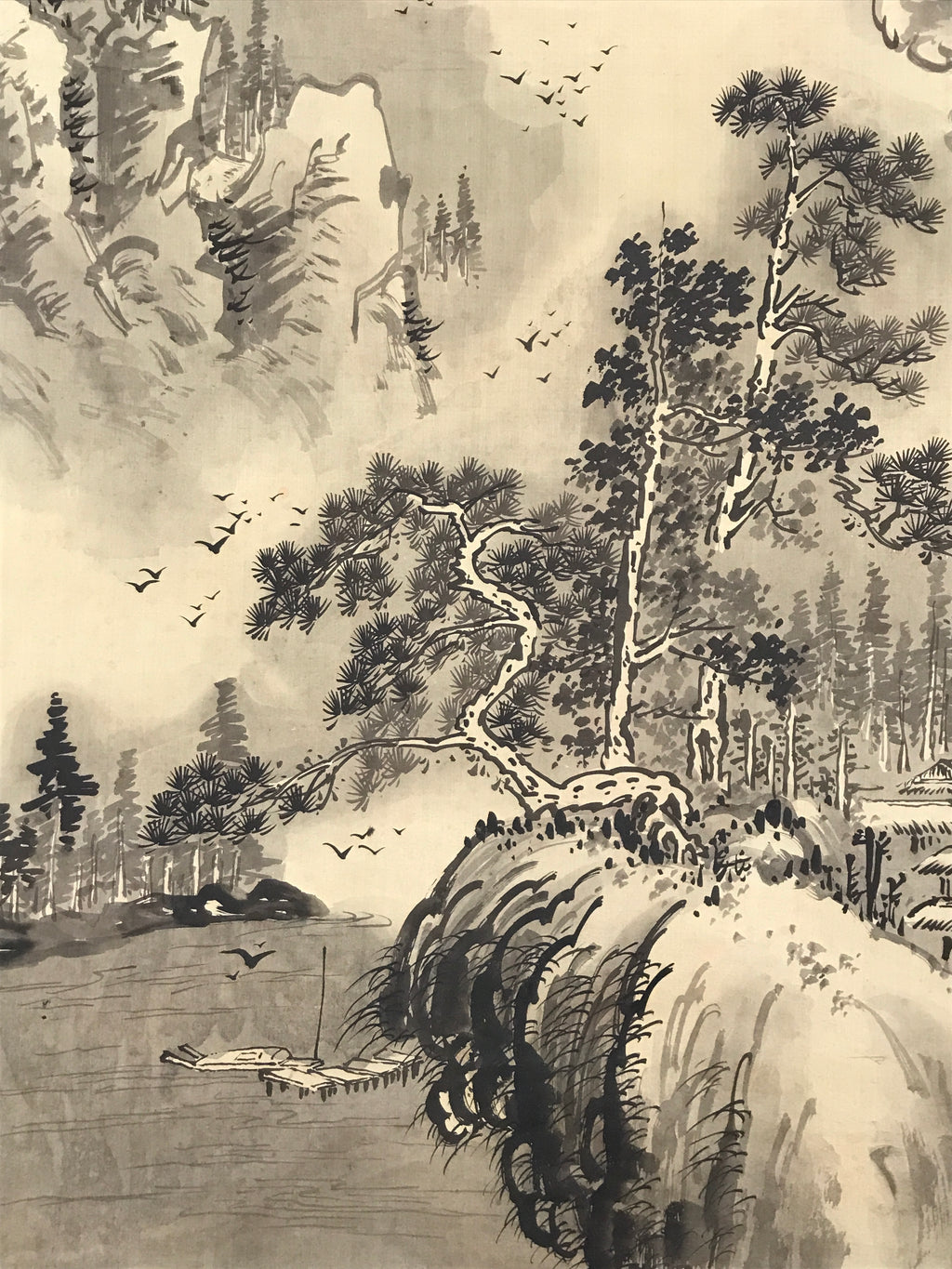 Japanese Hanging Scroll Kakejiku Vtg Mountain River Birds Black Monochrome KJ168