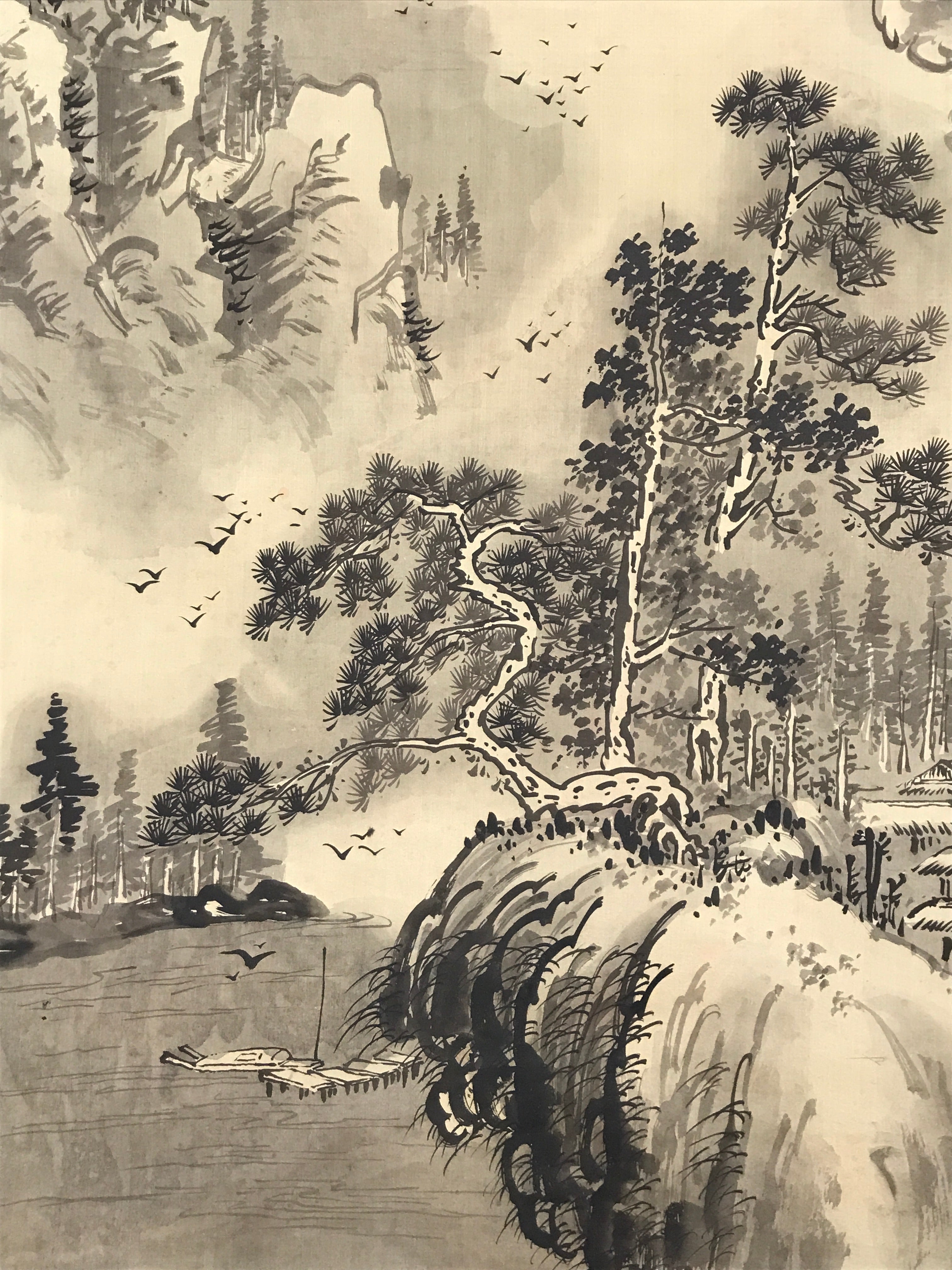 Japanese Hanging Scroll Kakejiku Vtg Mountain River Birds Black Monochrome KJ168