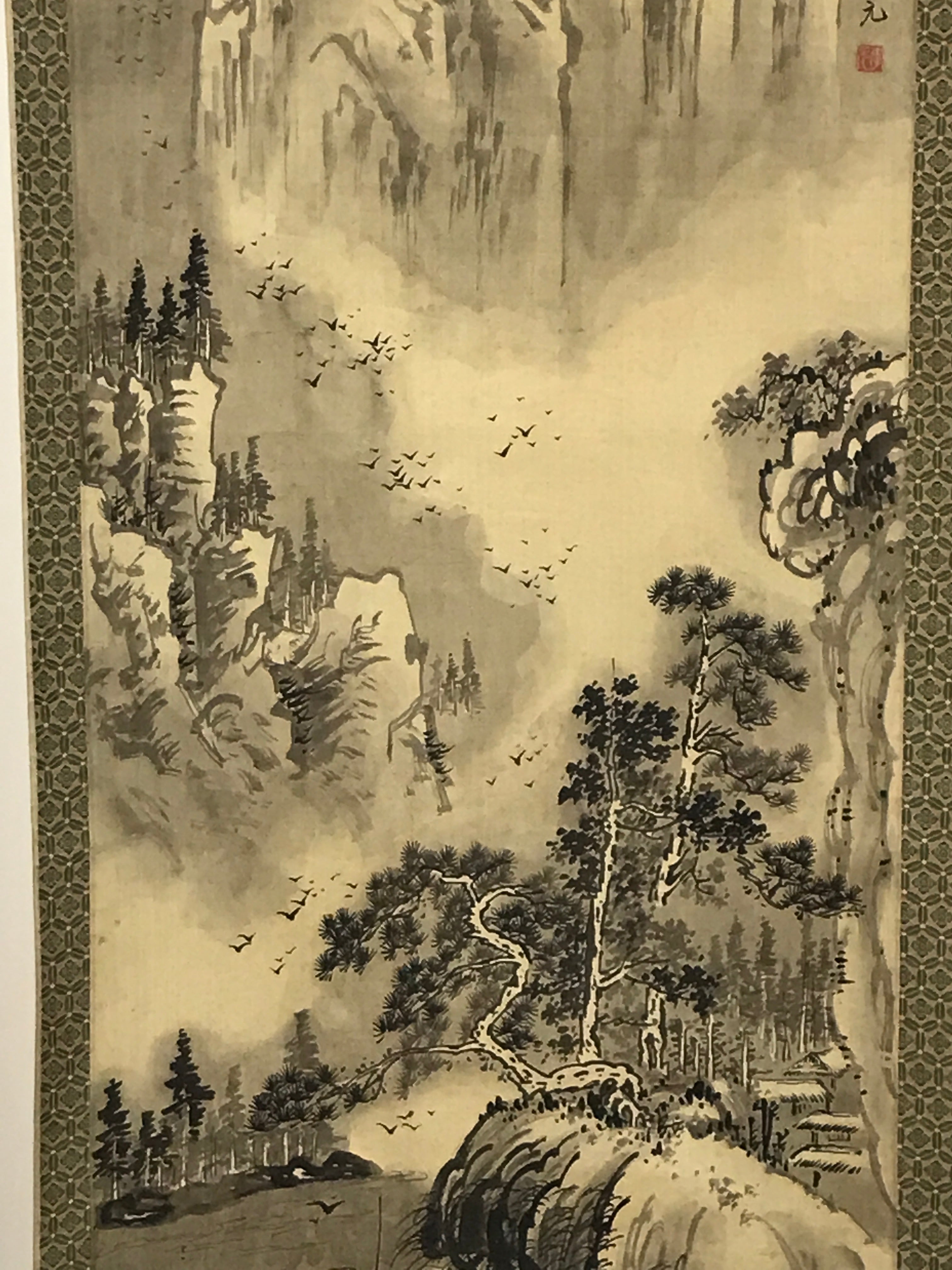 Japanese Hanging Scroll Kakejiku Vtg Mountain River Birds Black Monochrome KJ168