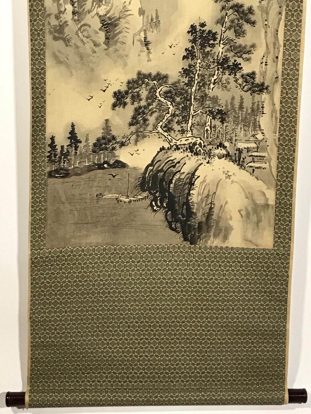 Japanese Hanging Scroll Kakejiku Vtg Mountain River Birds Black Monochrome KJ168