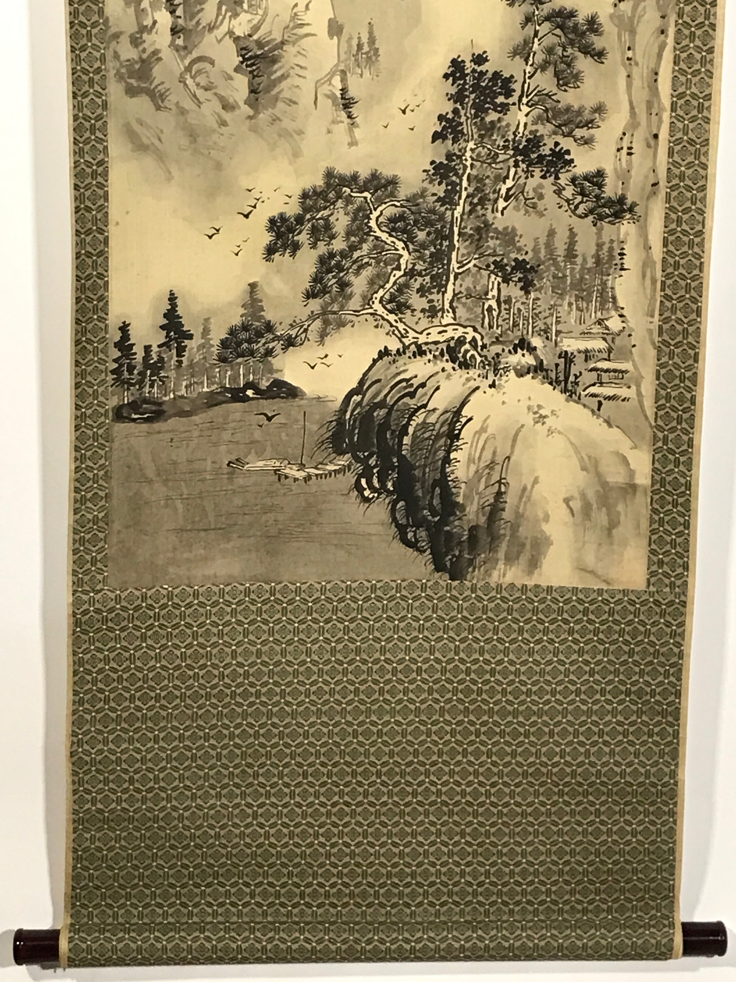 Japanese Hanging Scroll Kakejiku Vtg Mountain River Birds Black Monochrome KJ168