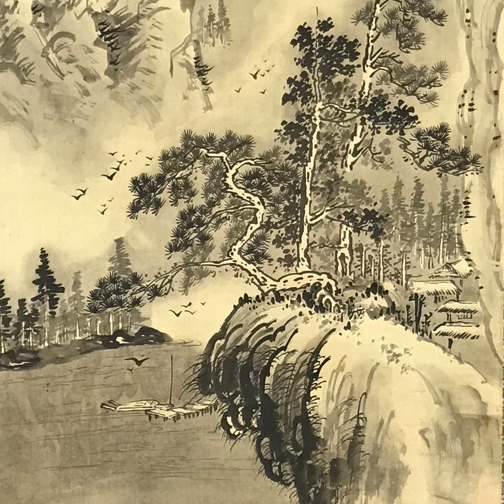 Japanese Hanging Scroll Kakejiku Vtg Mountain River Birds Black Monochrome KJ168